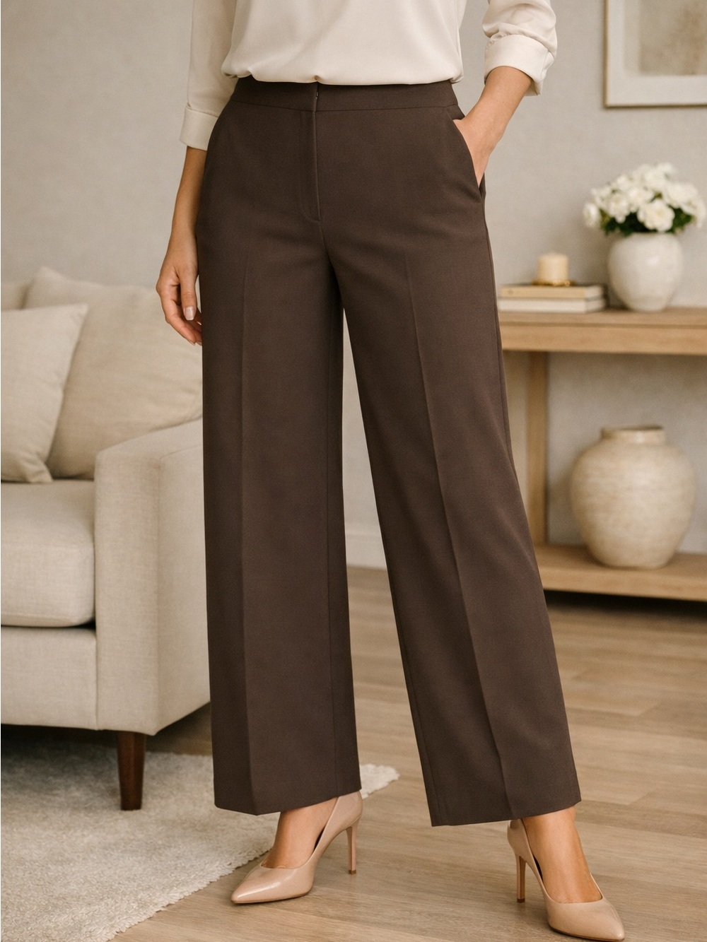 Talbots Brown Flat-Front Trousers | Size 10 Petite | Minimalist Wide-Leg Style